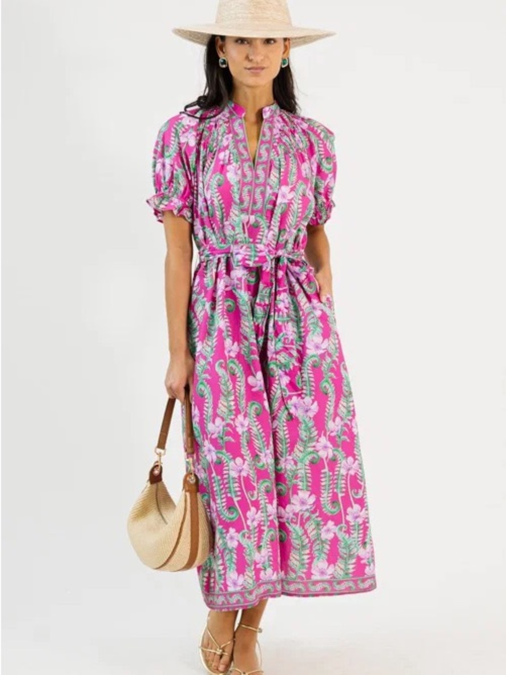 Umgee Pink Floral smocked Maxi Dress with Waist Tie